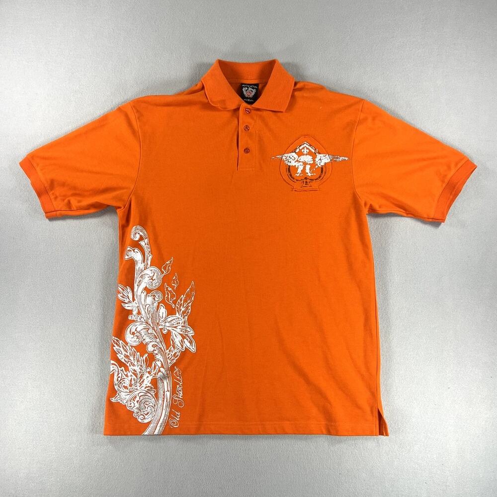 Vintage Y2K Old Skool Orange Polo Graphic Patches Mens Size (XL) Goth